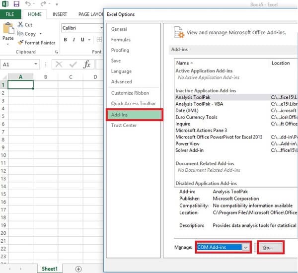 disabilita i componenti aggiuntivi di Excel per correggere la corruzione dei file