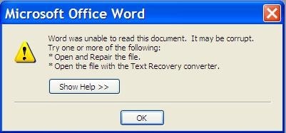 word corrupt file error message