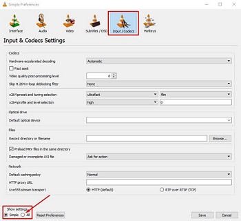 click on input codecs and select all settings