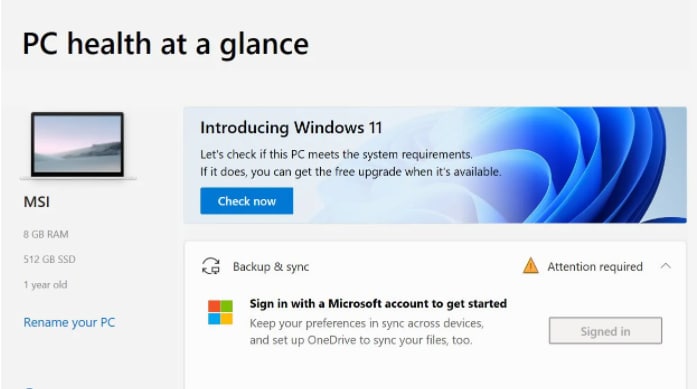 Salud del PC para comprobar la compatibilidad con Windows 11