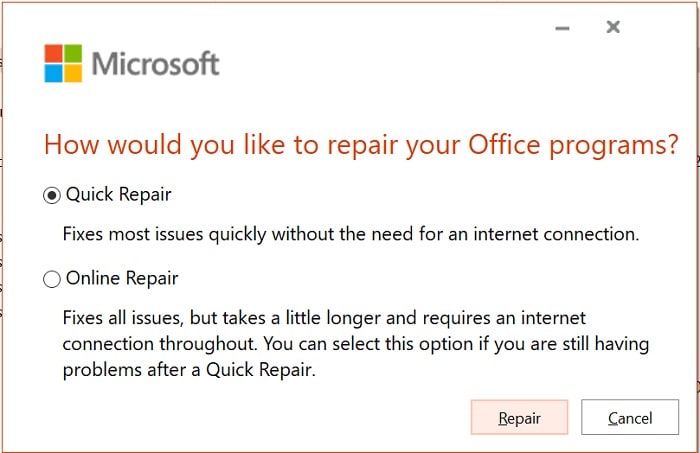 Unter den angebotenen Optionen können Sie eine "Schnellreparatur" für die MS Office Suite auswählen. Nun können Sie mit einem einfachen Mausklick jedes Problem mit MS Office beheben.