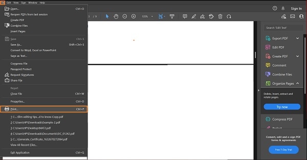 select print option in adobe