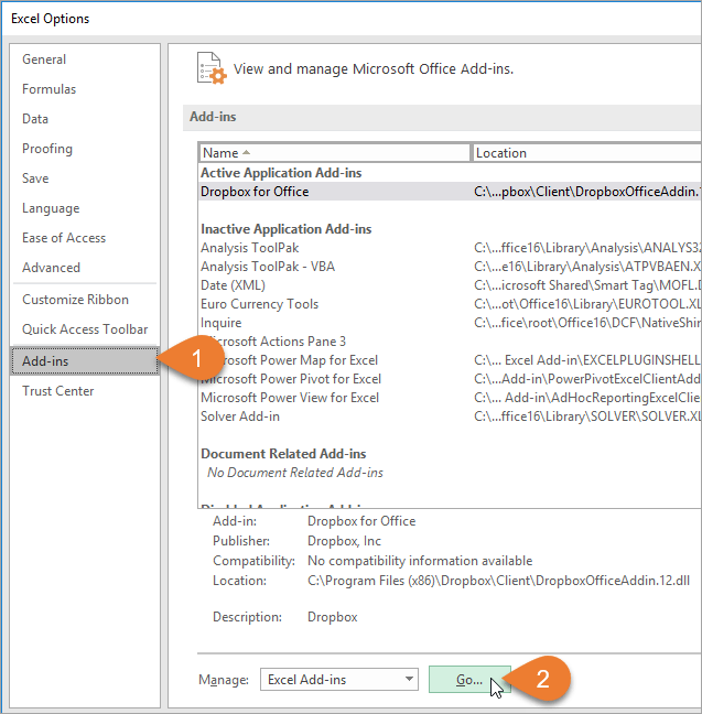 desactivar los complementos en excel