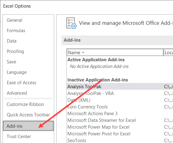 select add-ins to fix extensions