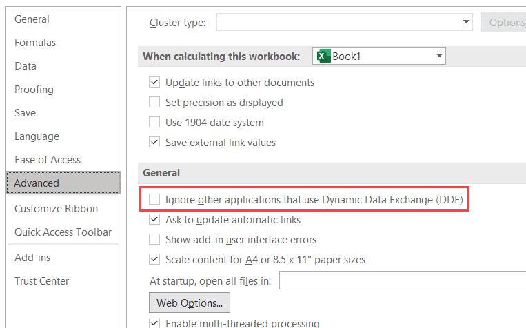 disable the option to fix excel won’t open issue