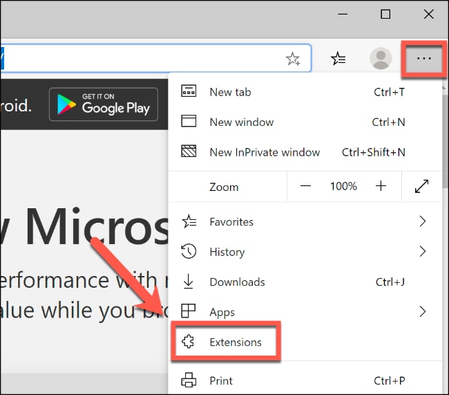 choose extensions on Microsoft edge