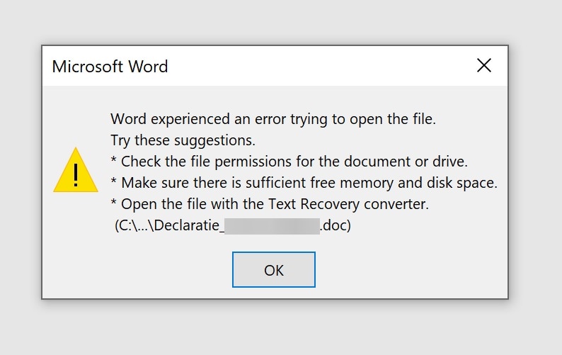Błąd otwierania dokumentu Word
