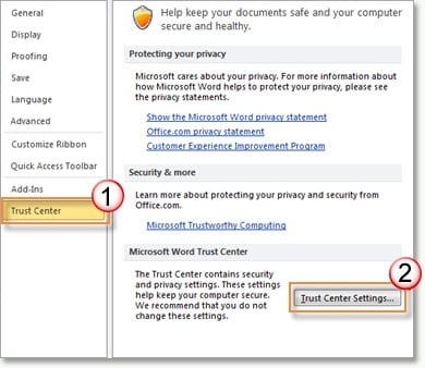 trust center settings