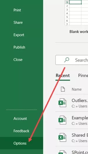 cliquez sur options dans l'onglet fichier