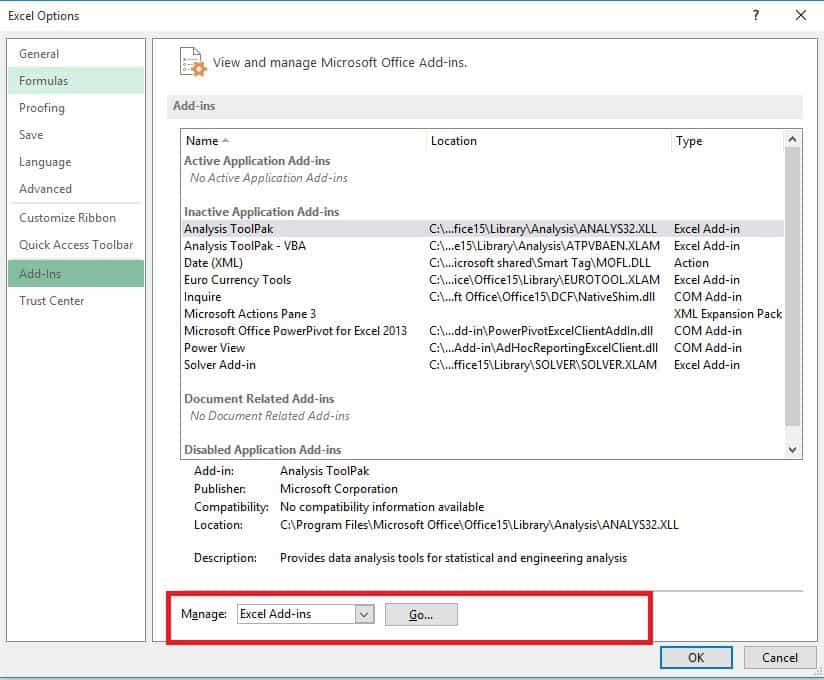 passare ai componenti aggiuntivi di Excel