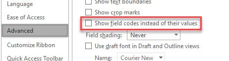 uncheck “show field codes instead of their values” box