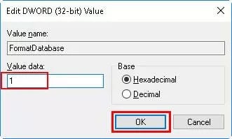 Geben Sie 1 in das Datenfeld für den Wert ein