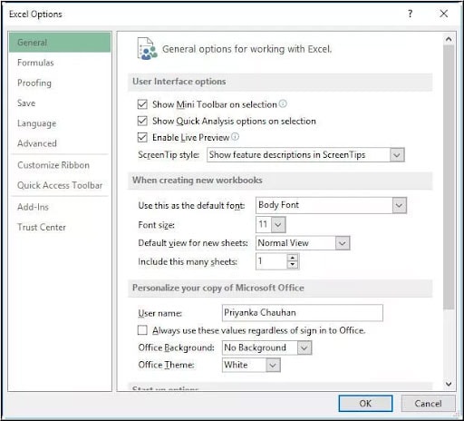 open excel options window