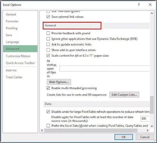 choose general tab in advanced settings