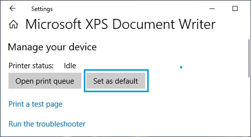 set Microsoft xp document writer as default