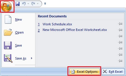 select excel options