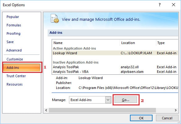 clique em suplementos do excel e selecione ir