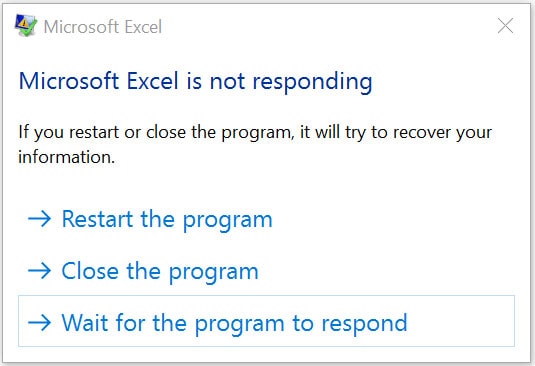 Microsoft excel not responding error message