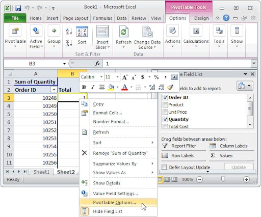 open pivot table options