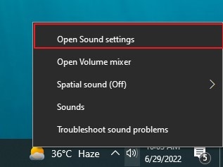 open sound settings windows 10