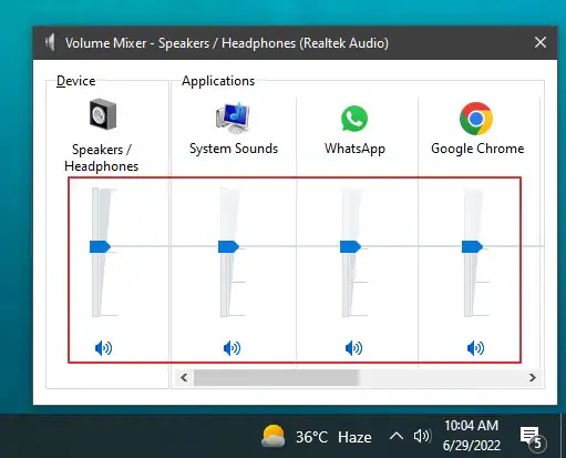 verifique os volumes do dispositivo e do programa