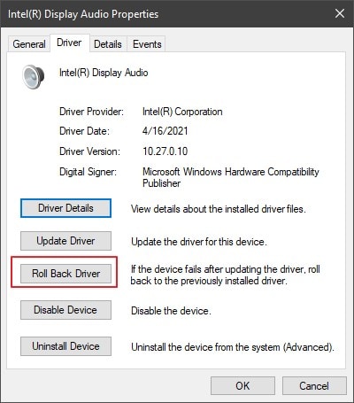 select roll back driver option