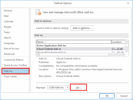 choose add-ins from outlook options window