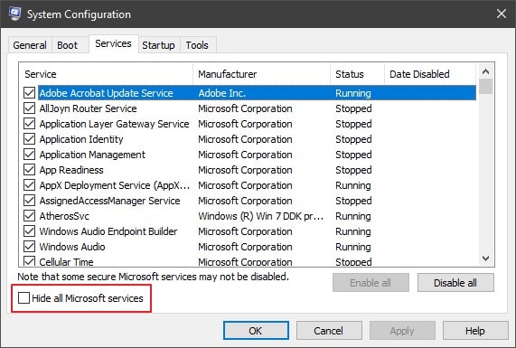 enable hide all Microsoft services