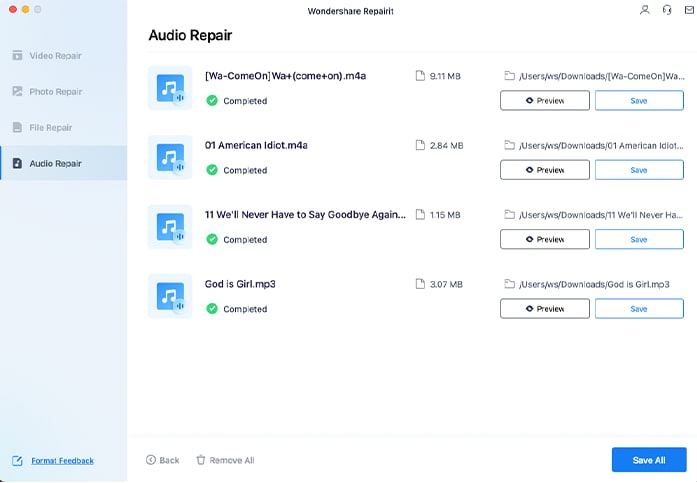 preview and export repaired audio Mac