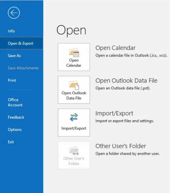 accéder aux options d'ouverture et d'exportation d'outlook