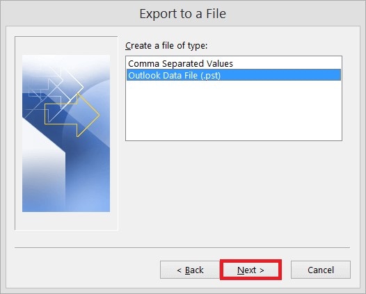 select pst file and next