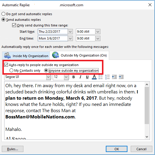 fix outlook automatic reply not working outside organization
