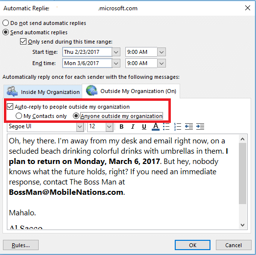 correggere la risposta automatica di Outlook che non funziona al di fuori dell'organizzazione