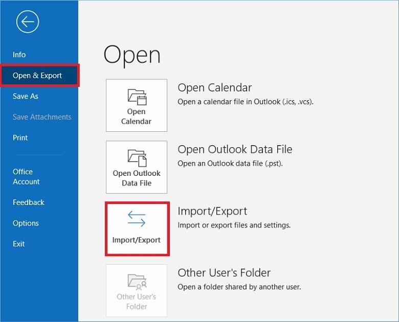 outlook import/export option