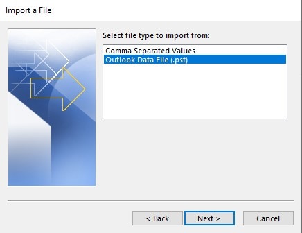 select the pst file format