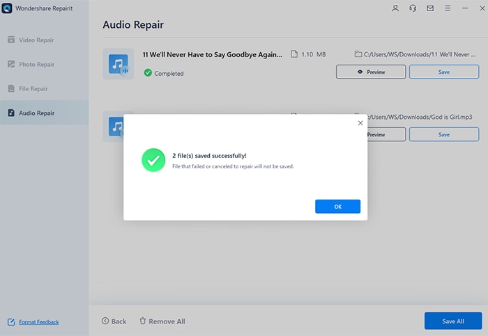 repair audio files saved