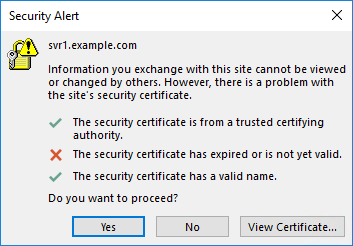 security certificate alert dialogue box