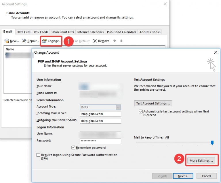 select more settings in change account window