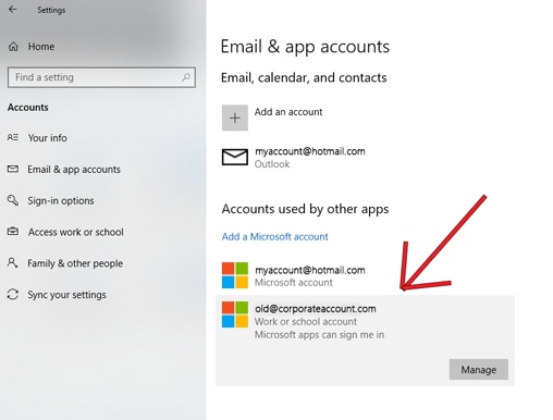 select outlook account to disconnect