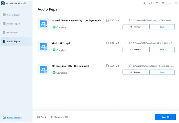 preview and save repaired audio