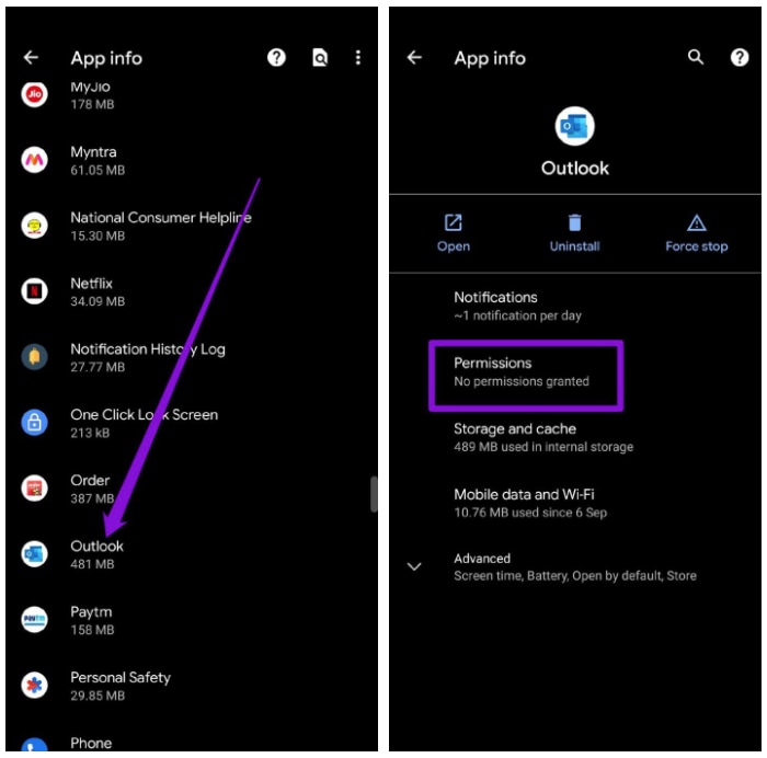 tap on permissions after choosing outlook