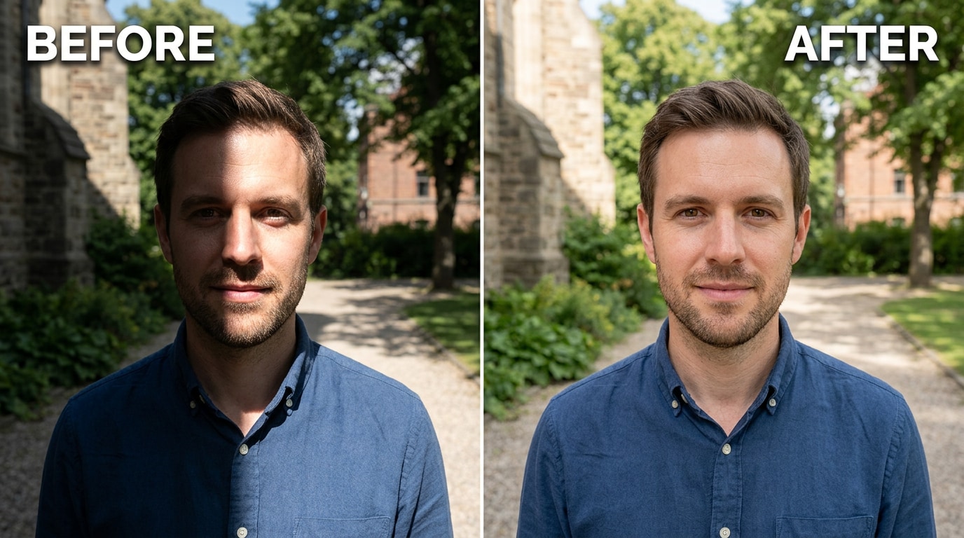 outdoor split-face harsh shadow from sunlight corrected to natural balanced lighting