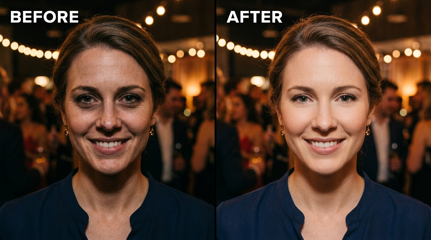 harsh overhead indoor lighting under-eye and face shadows repaired to natural