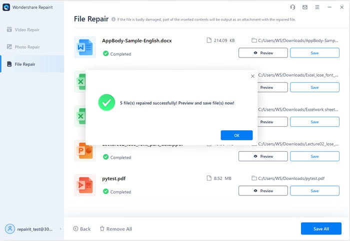 Vista previa de Repairit para Excel 