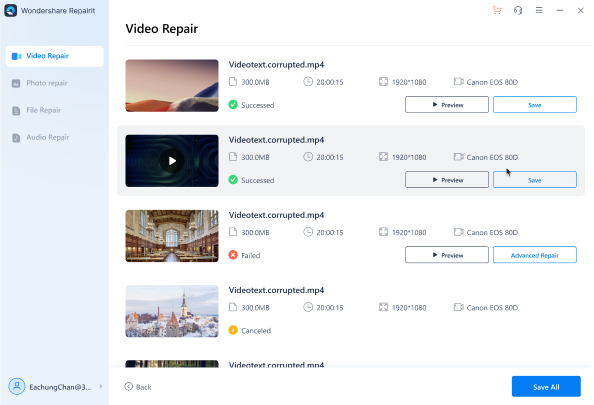 preview or save repaired video files