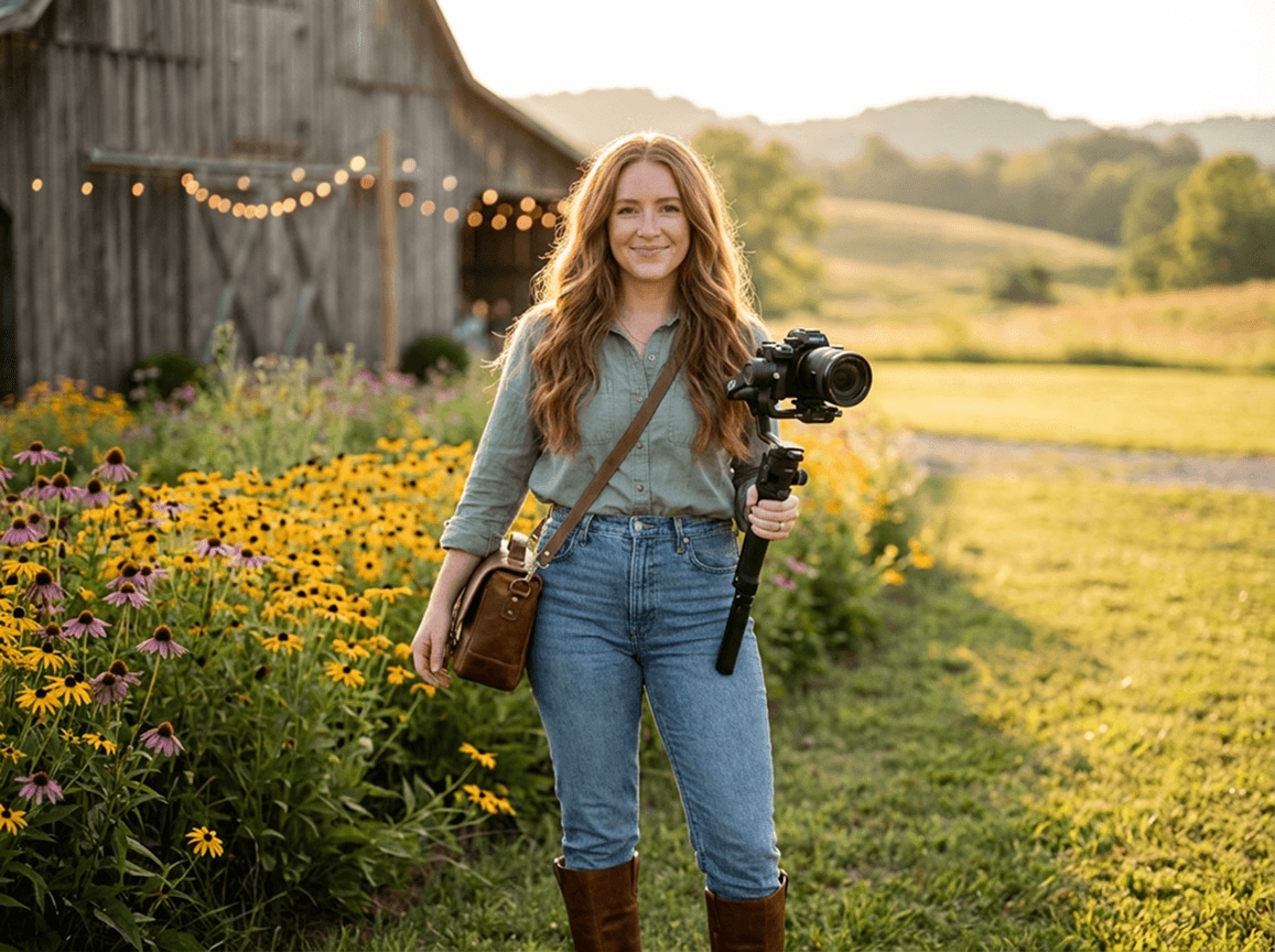 A rustic wedding videographer reviewing restored 4K ProRes barn wedding footage
