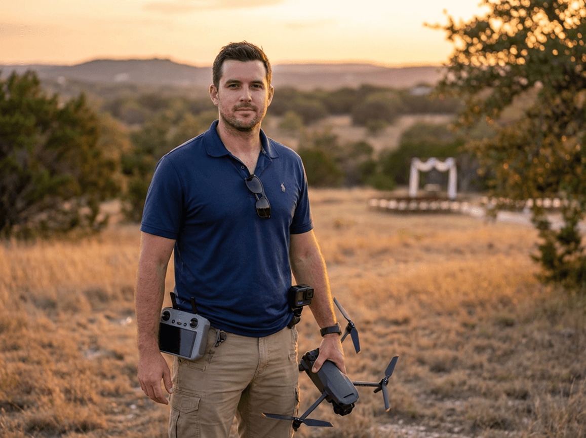 A professional wedding drone pilot reviewing restored 5.3K drone footage