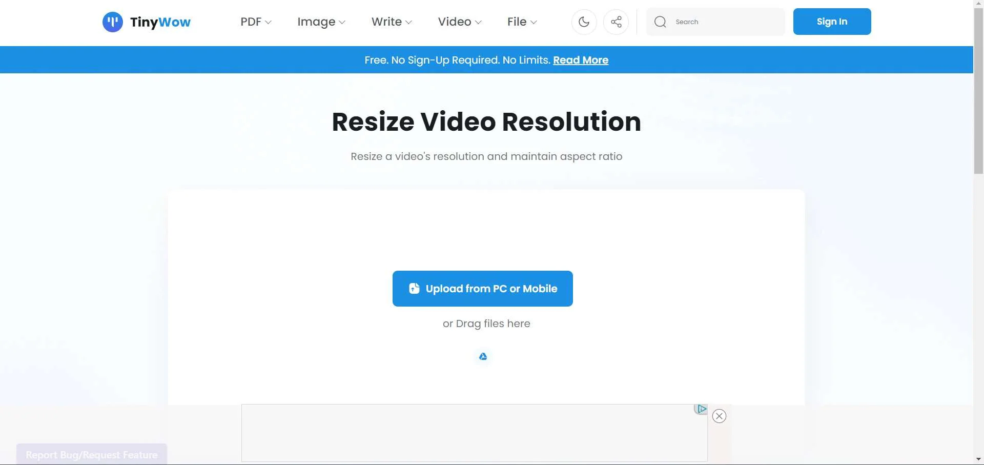 tinywow video resolution interface