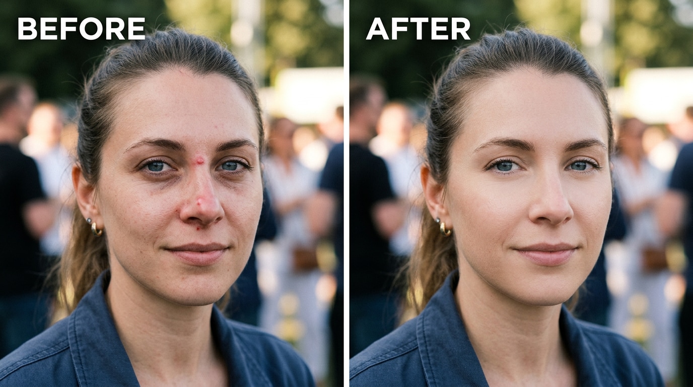 minor facial blemish and redness in event photo