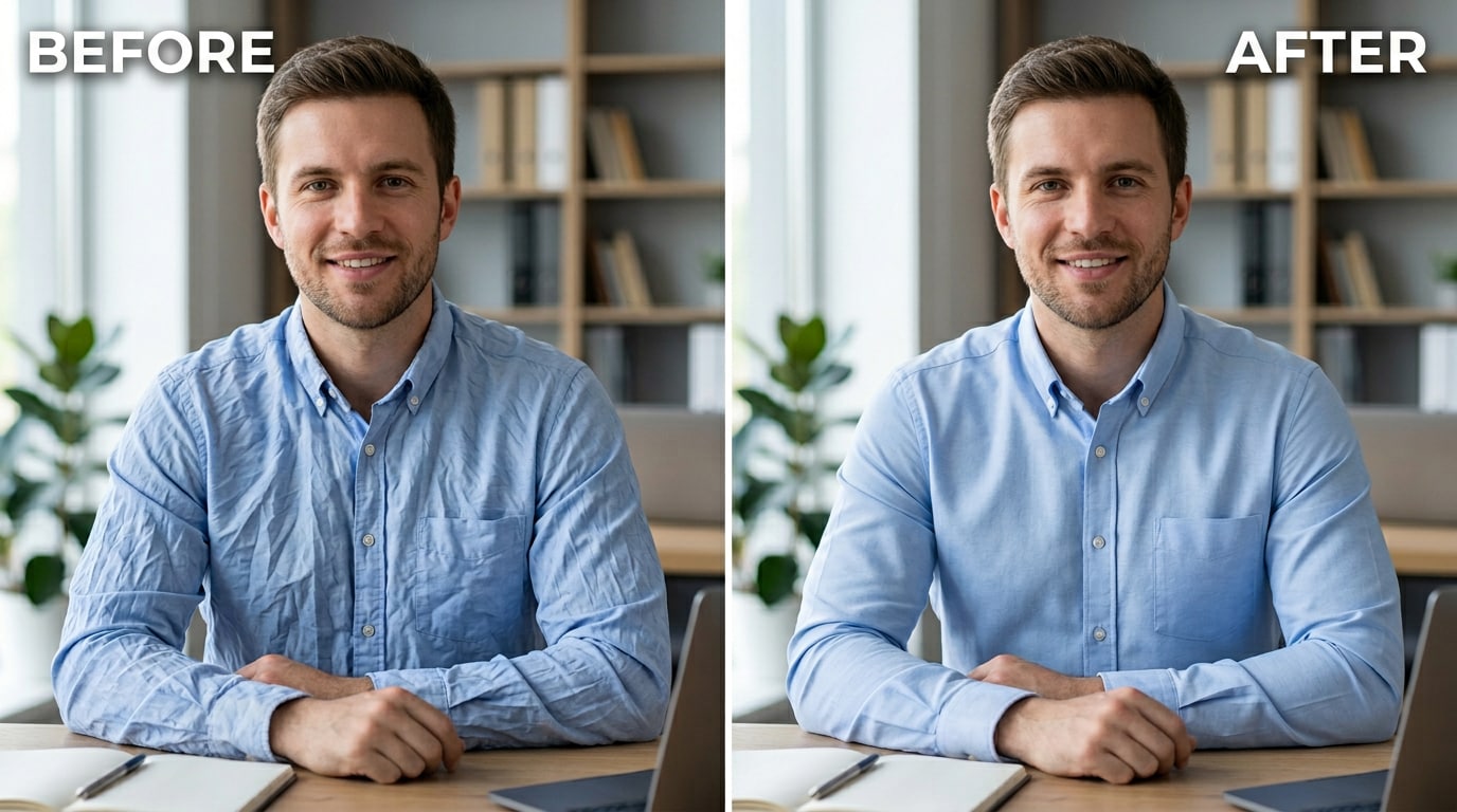 wrinkled shirt in professional LinkedIn headshot repaired to crisp clean fabric